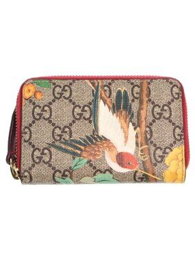 Gucci GG Supreme Tian Zip Around Leather Coin Case Wallet Beige Red